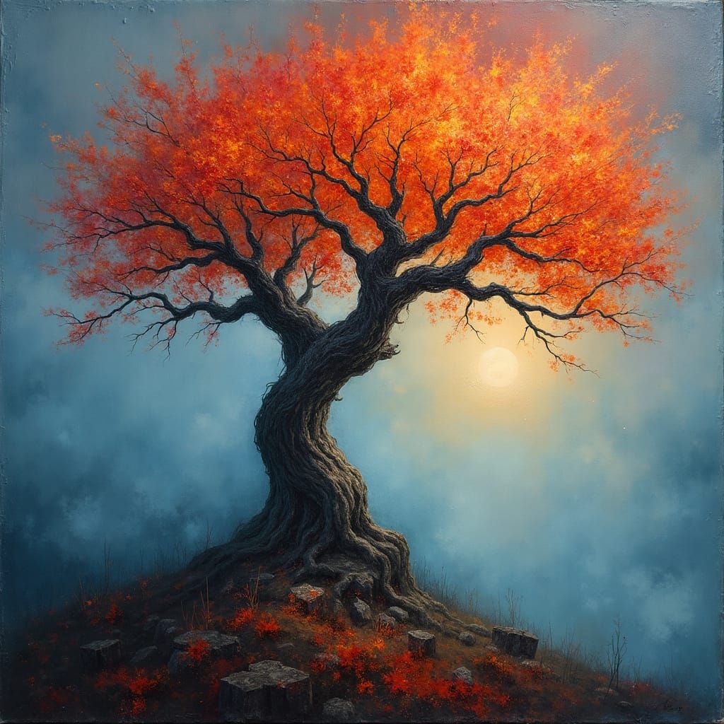 Twisted Tree in Burning Autumn Landscape