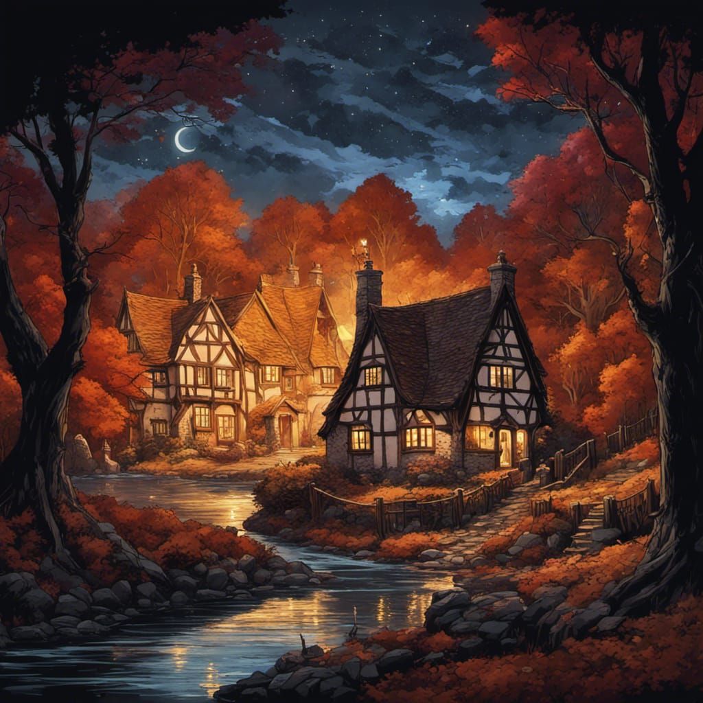 Gothic Autumn Village Under Starry Night
