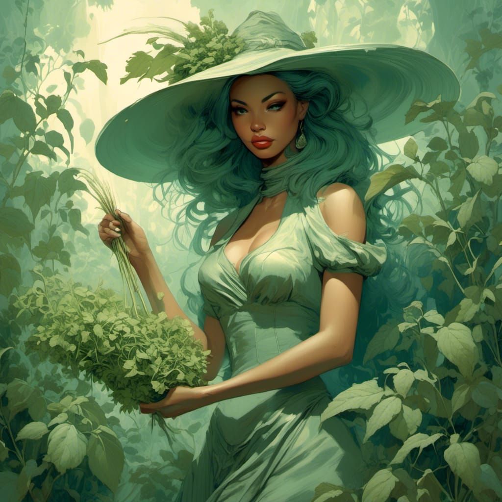 Sage Green Witch Harvesting Herbs in Pin-Up Style
