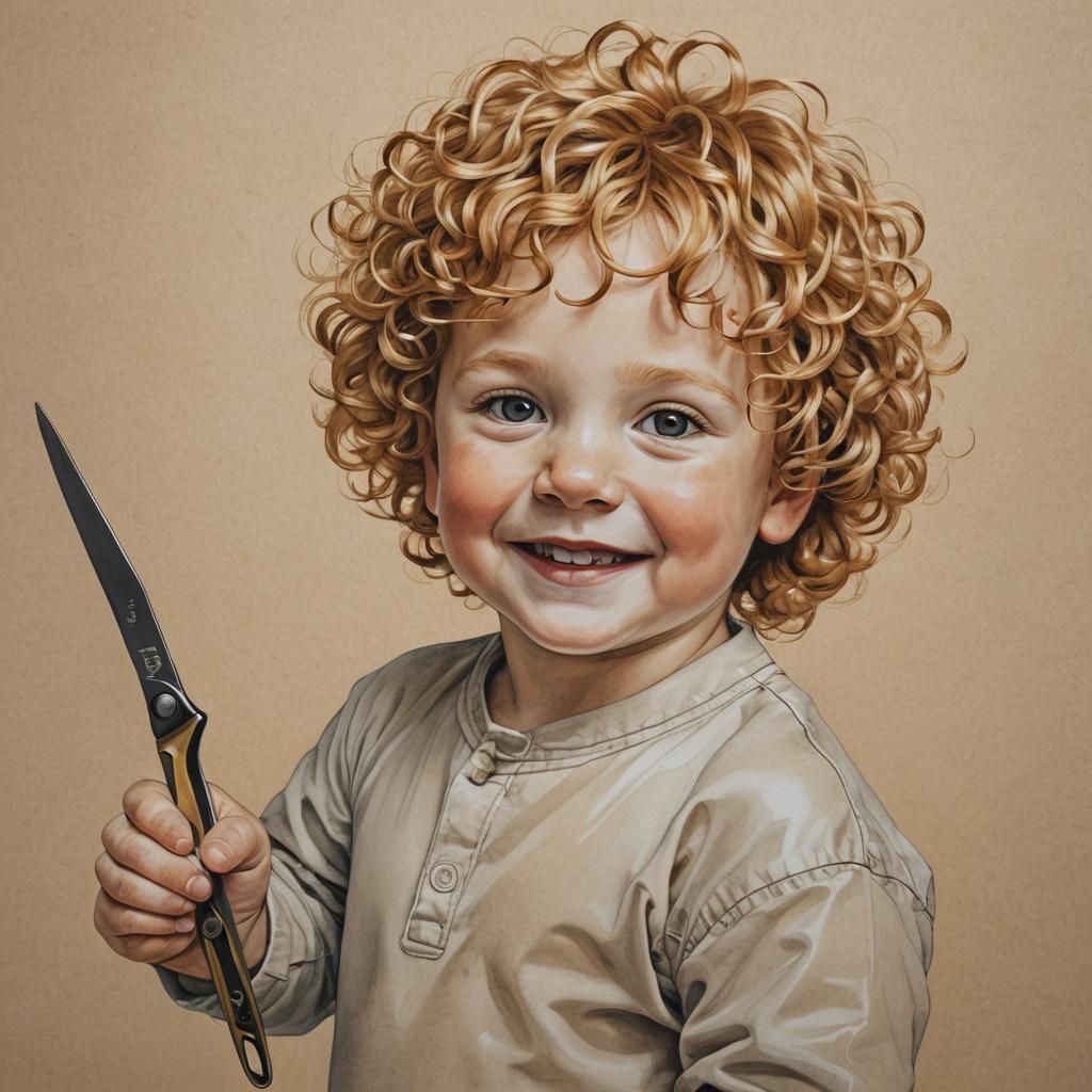 Happy Boy with Curls and Scissors Illustration
