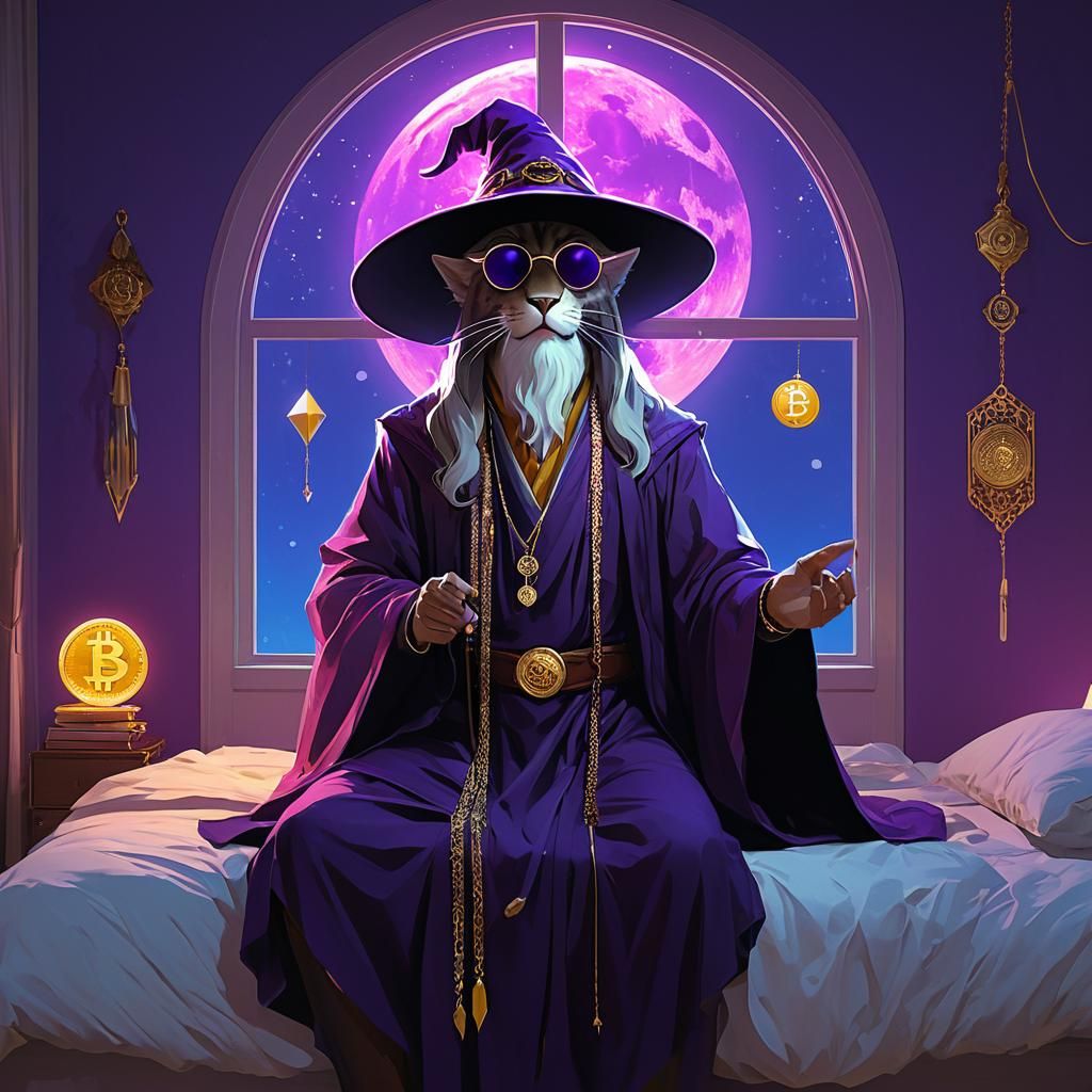 Leopard Mage in Bedroom with Blood Moon, Digital Art