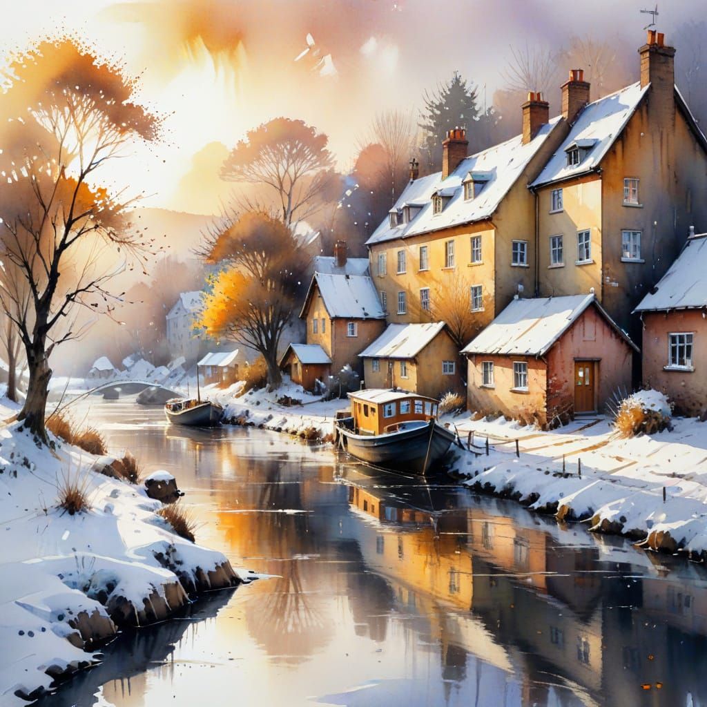 Winter Village River Scene in Watercolour Style