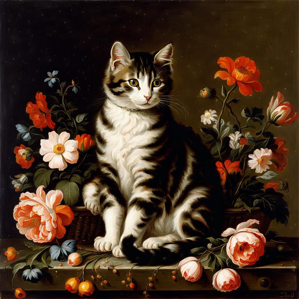 Cute Cat with Flowers in Dutch Golden Age Style