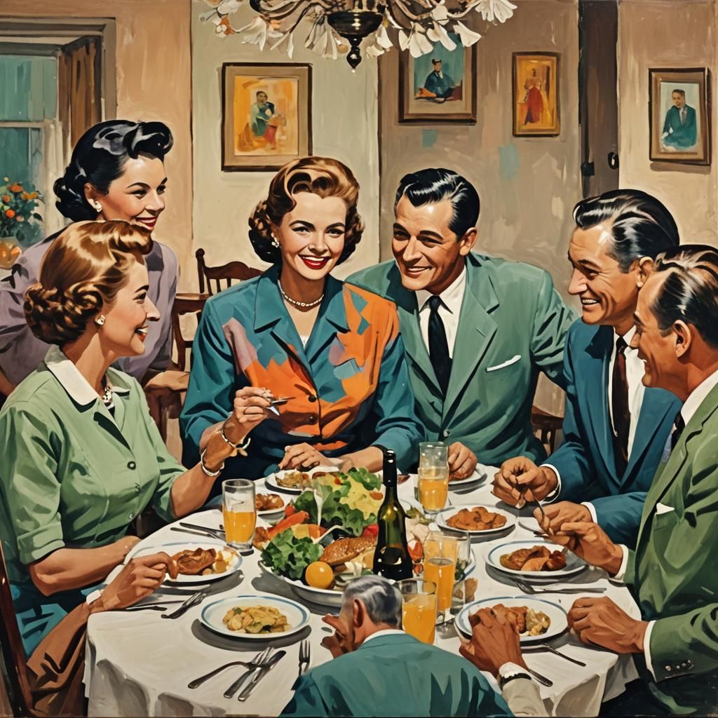 Mid-Century Family Dinner in Abstract Style
