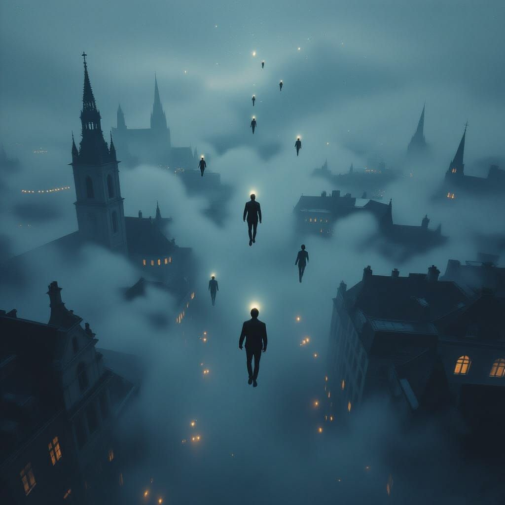 Surreal Night Cityscape with Flying Figures, Dreamlike Art