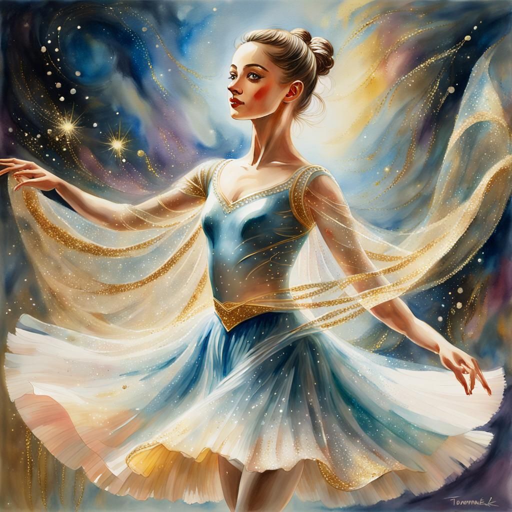 Ballerina Dancing in Golden Glitter, Watercolor Painting
