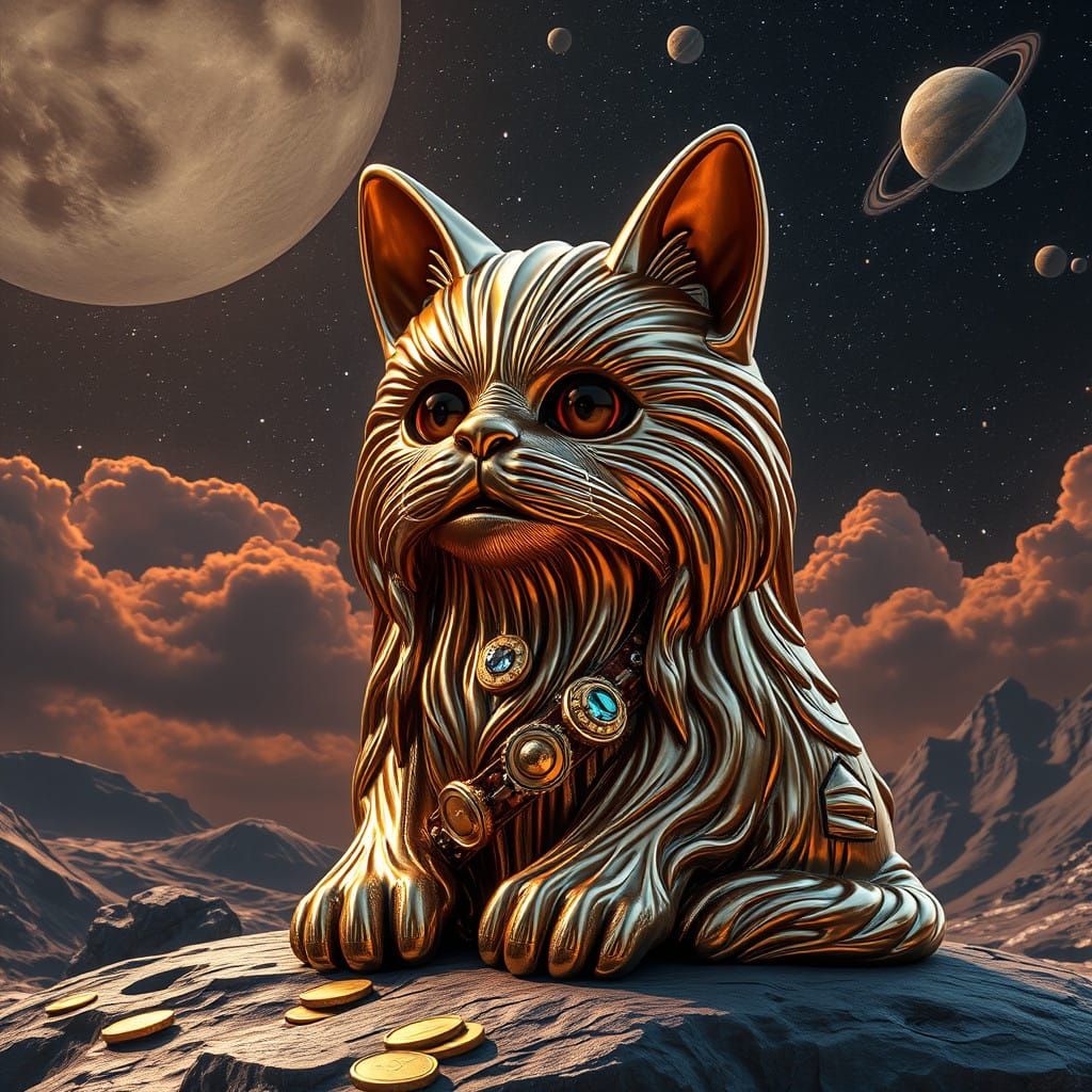 Epic Metallic Chewbacca Cat Amidst Starry Skies, Set with Pr...