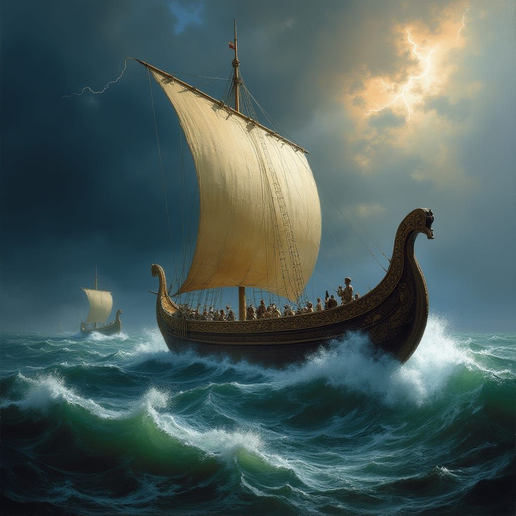 Ancient Greek Trireme Battles Turbulent Sea in Dramatic Seas...