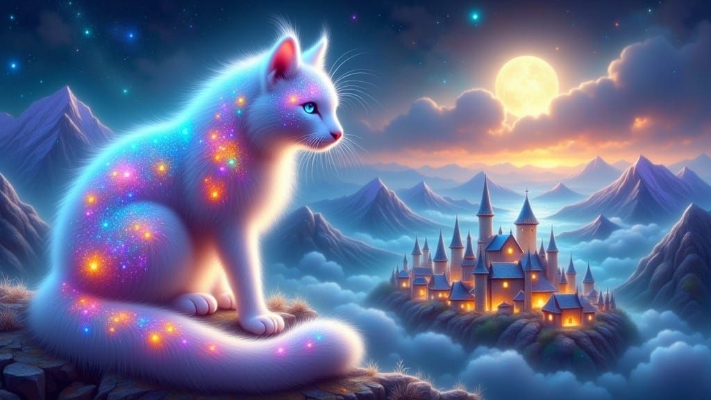 Majestic Holographic Cat Watches Over Serene Village