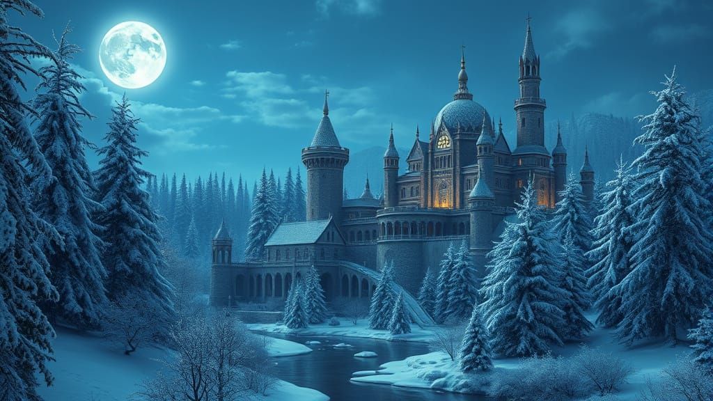 Ethereal Winterscape with Majestic Fortress and Sparkling Mo...