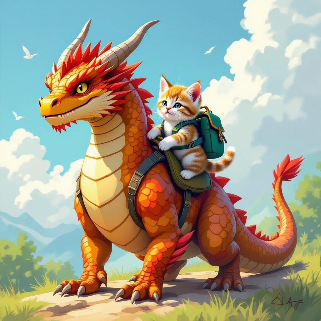 Ferocious Dragon Gives Kitten Piggyback Ride