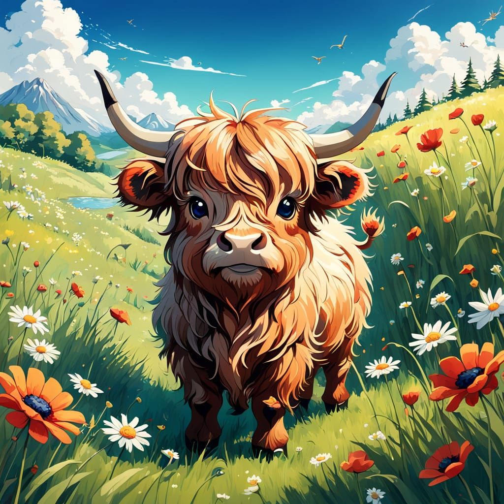 Charming Chibi Highland Cow in a Vibrant Summer Meadow