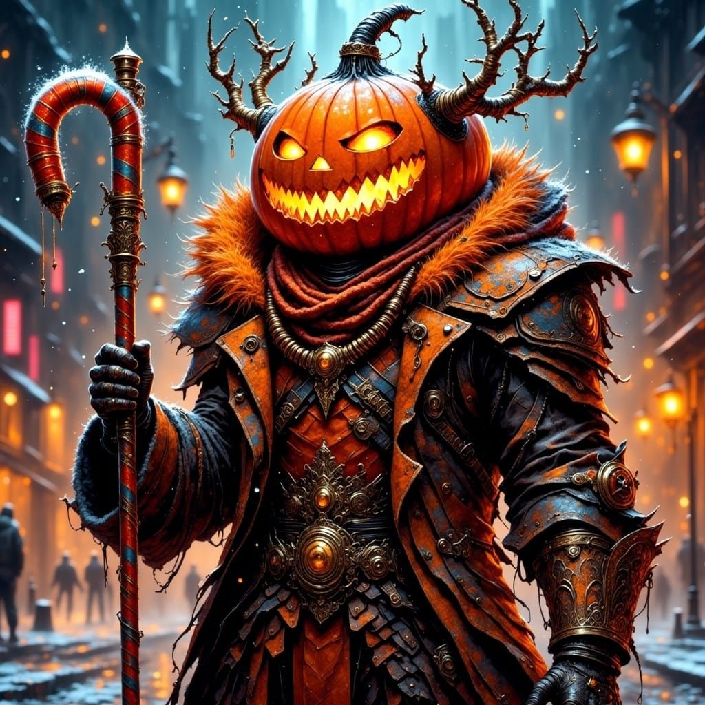 Festive Pumpkin-Headed Figure in Cyberpunk Snowfall