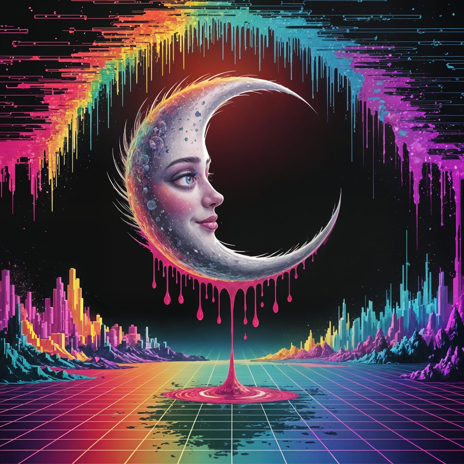 Psychedelic Pixel Art Crescent Moon in Glitch Animation