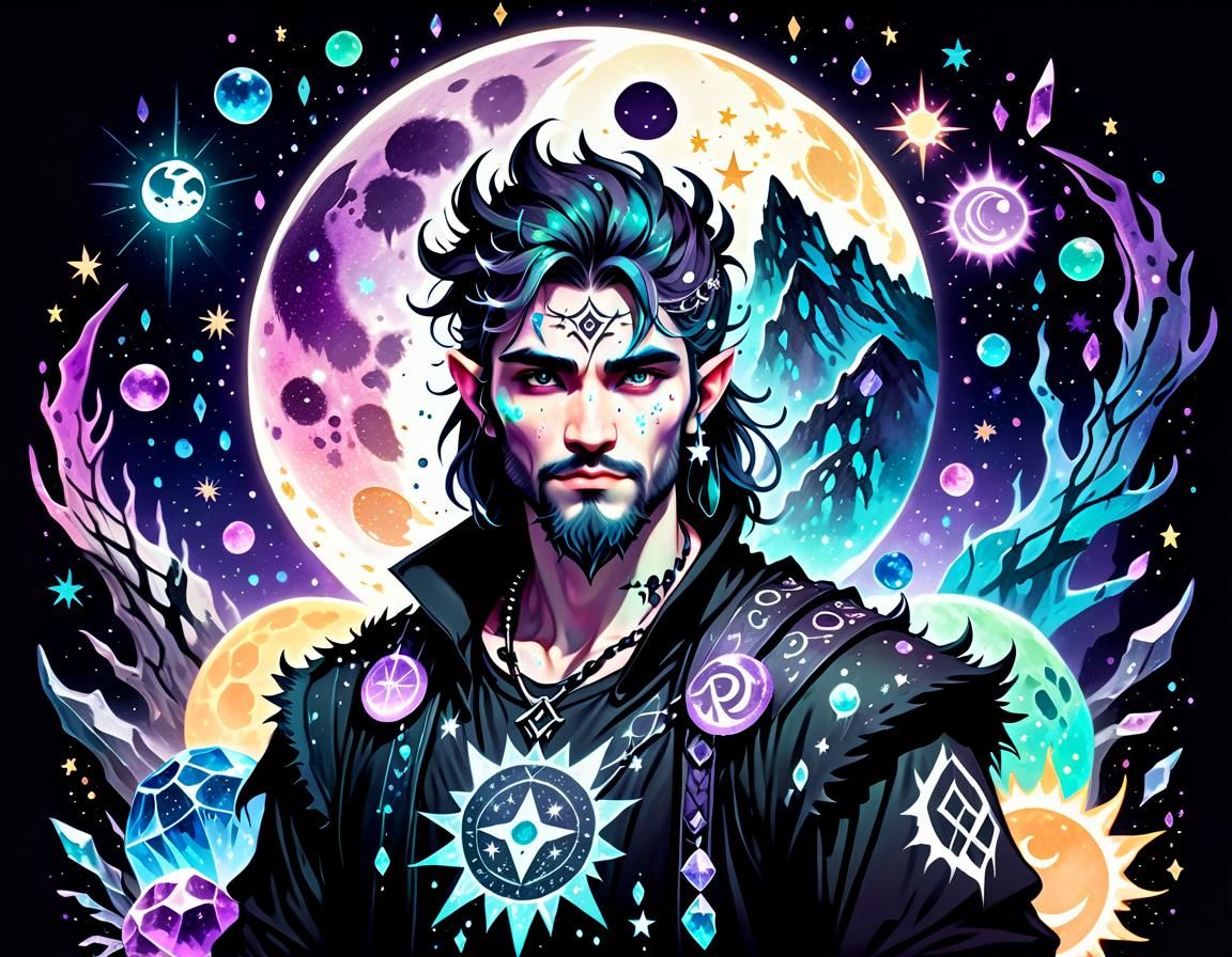 Ethereal Druid Under Starry Celestial Skies