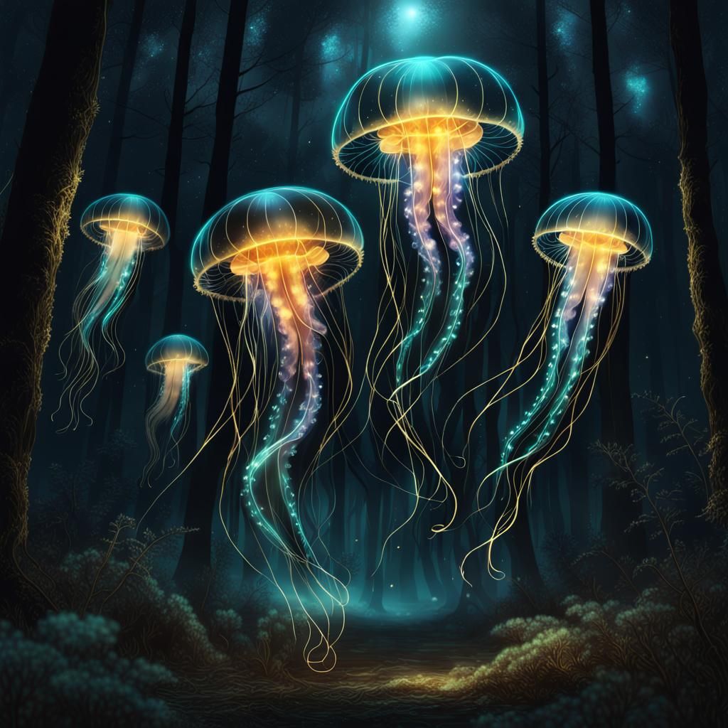 Bioluminescent Jellyfish Fly Through Enchanted Forest