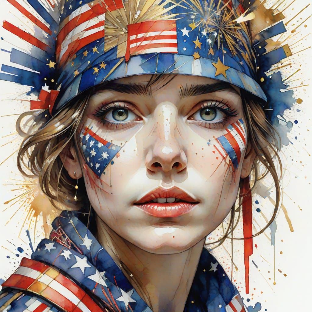 Patriotic Person with Fireworks in Watercolour Style