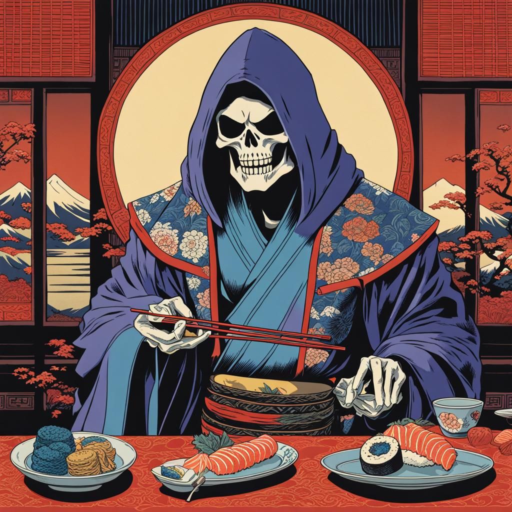 Ukiyo-e Skeletor eating sushi