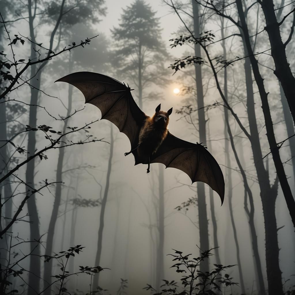 Bat in Foggy Forest at Twilight