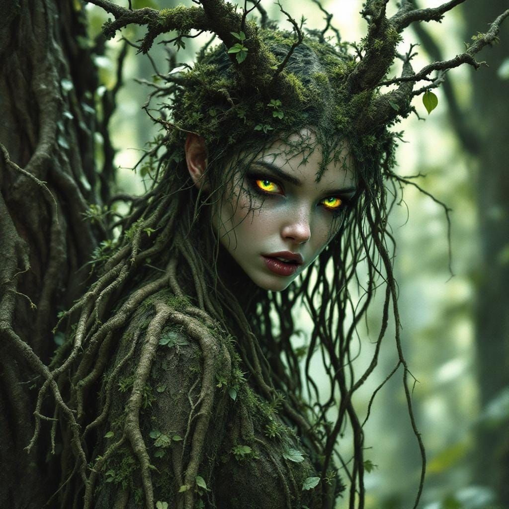 Furious Dryad Blends Into Forest, Art Nouveau Style