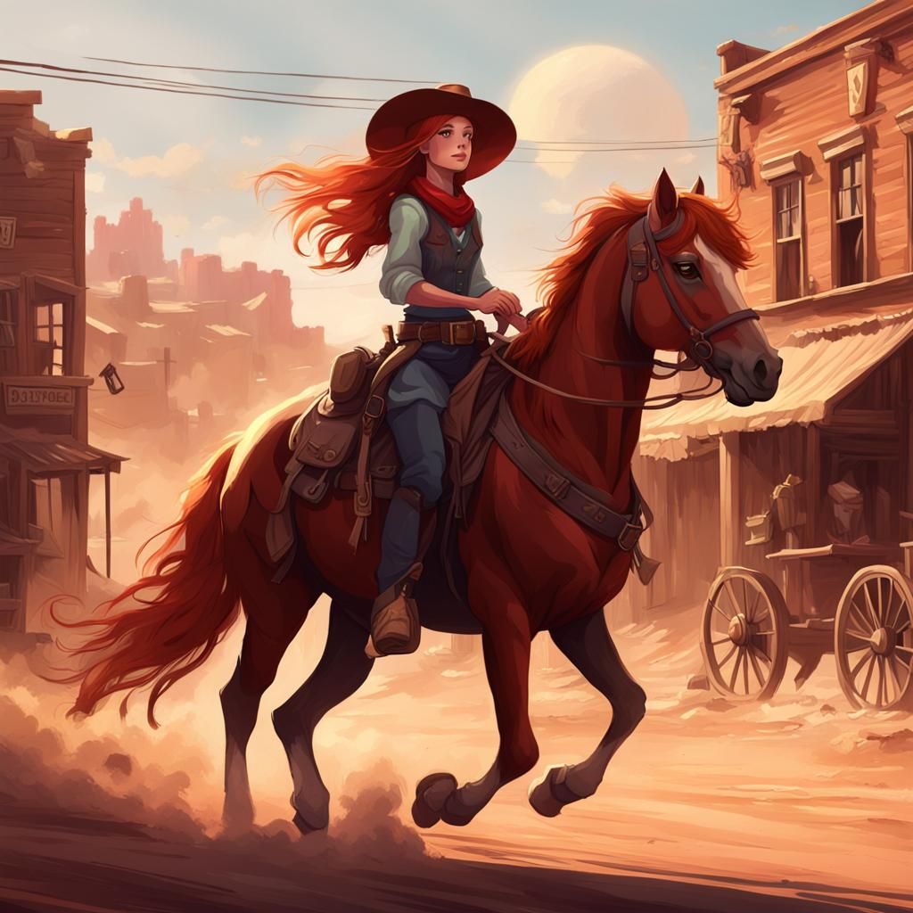 Cowgirl Rides Horse in Dusty Western Town
