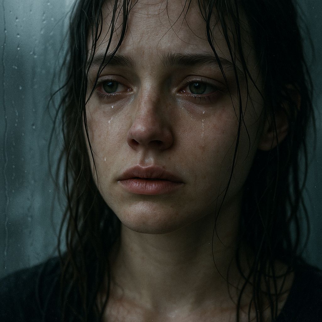 Sad Woman with Tears in a Raw Cinematic Style