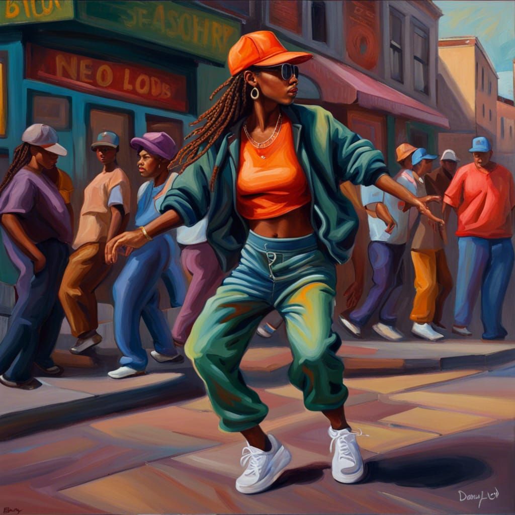 Woman Dancing in Hip Hop Fashion: Neo-Impressionist Oil Pain...