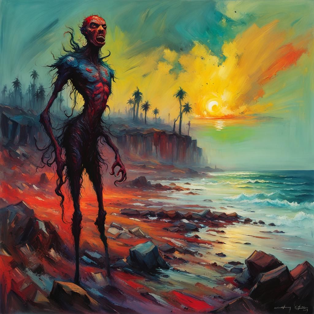 Grotesque Skinless Nuckelavee in Fauvist Horror Art