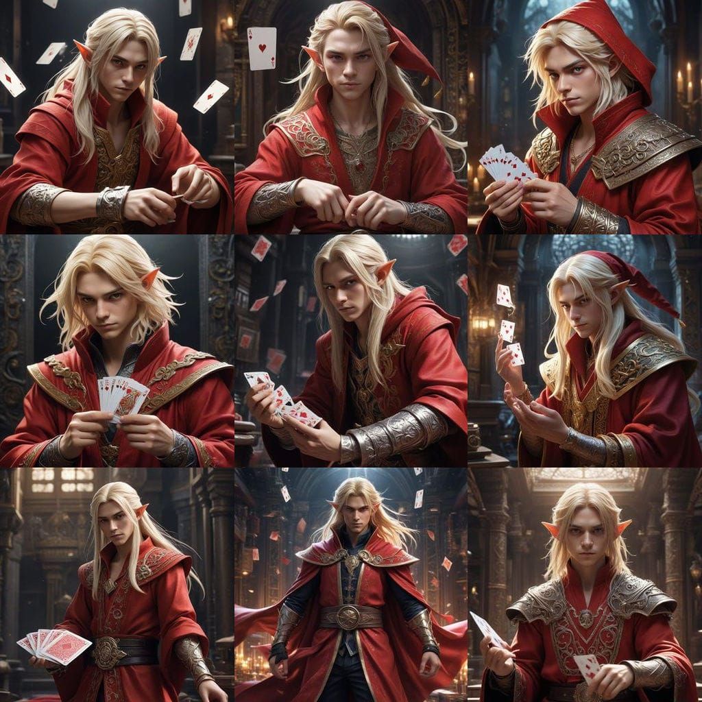 Elegant Elf in Red Robes Throws Playing Cards in a Vibrant F...