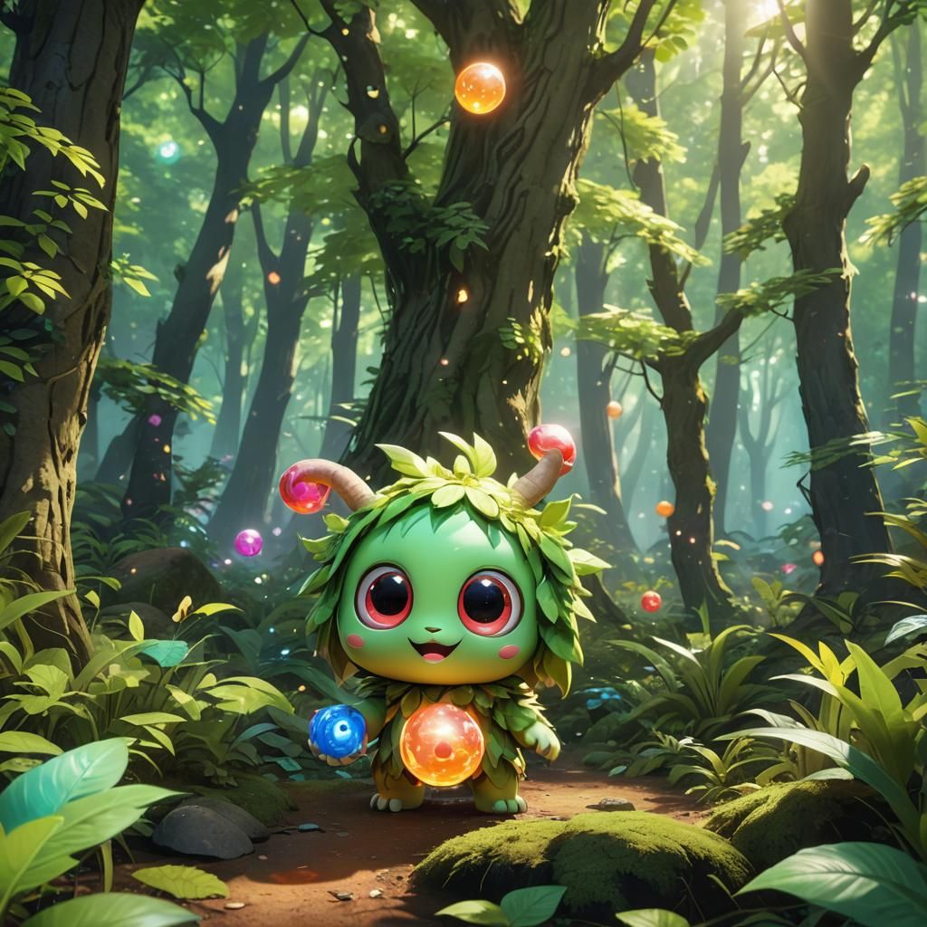 Cute Anime Baby Monster in Vibrant Forest