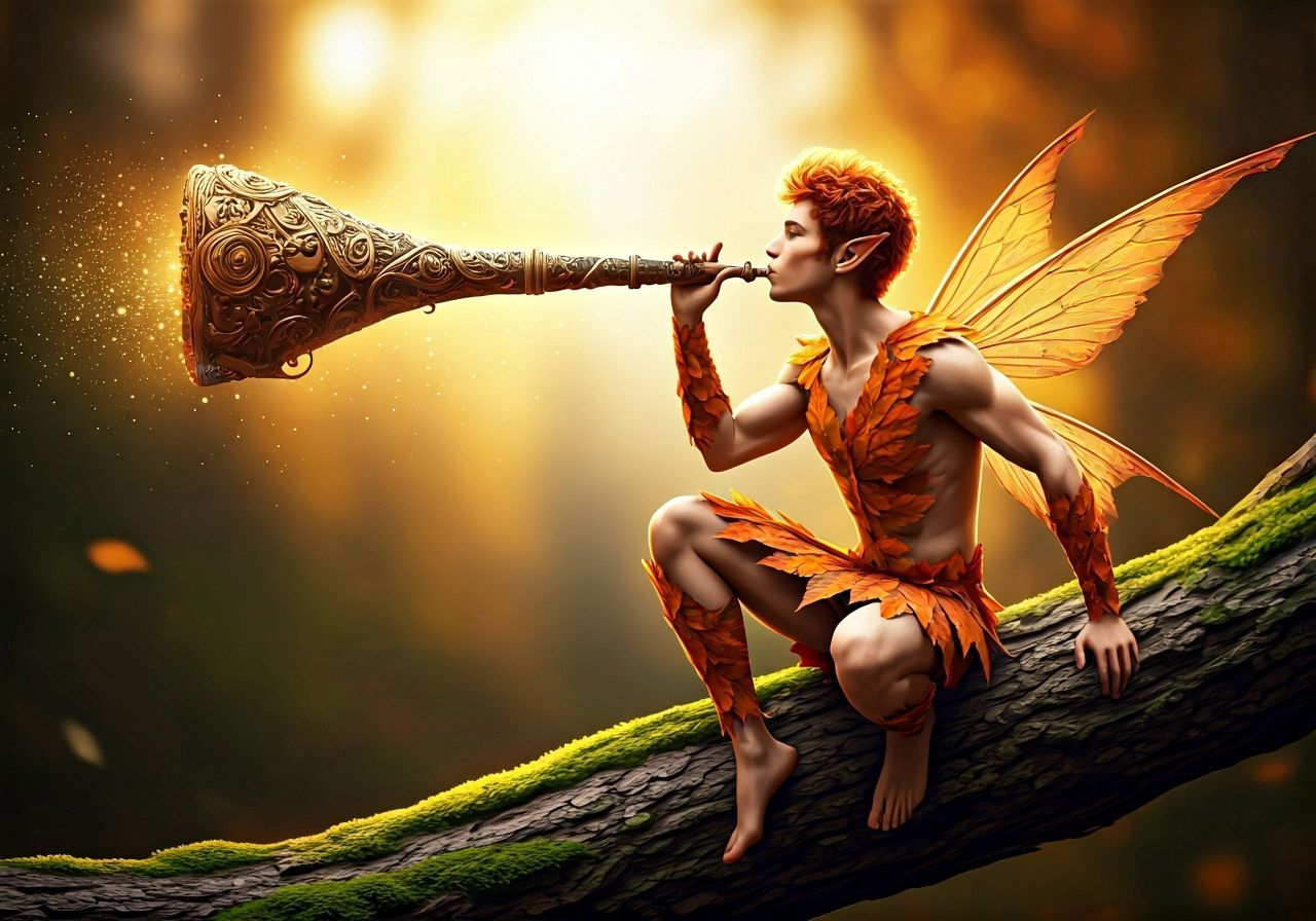 Fairy Blowing Magical Whistle in Autumn Light
