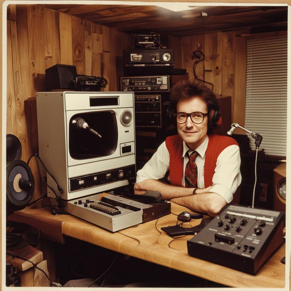 Podcaster in a Retro 1980s Basement Studio