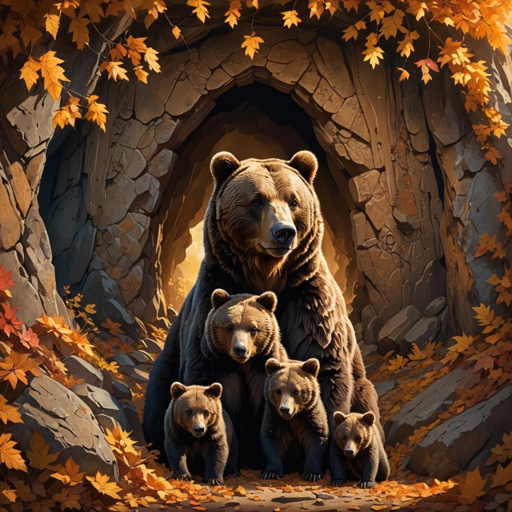 Enchanting Bear Family in Autumn Cave