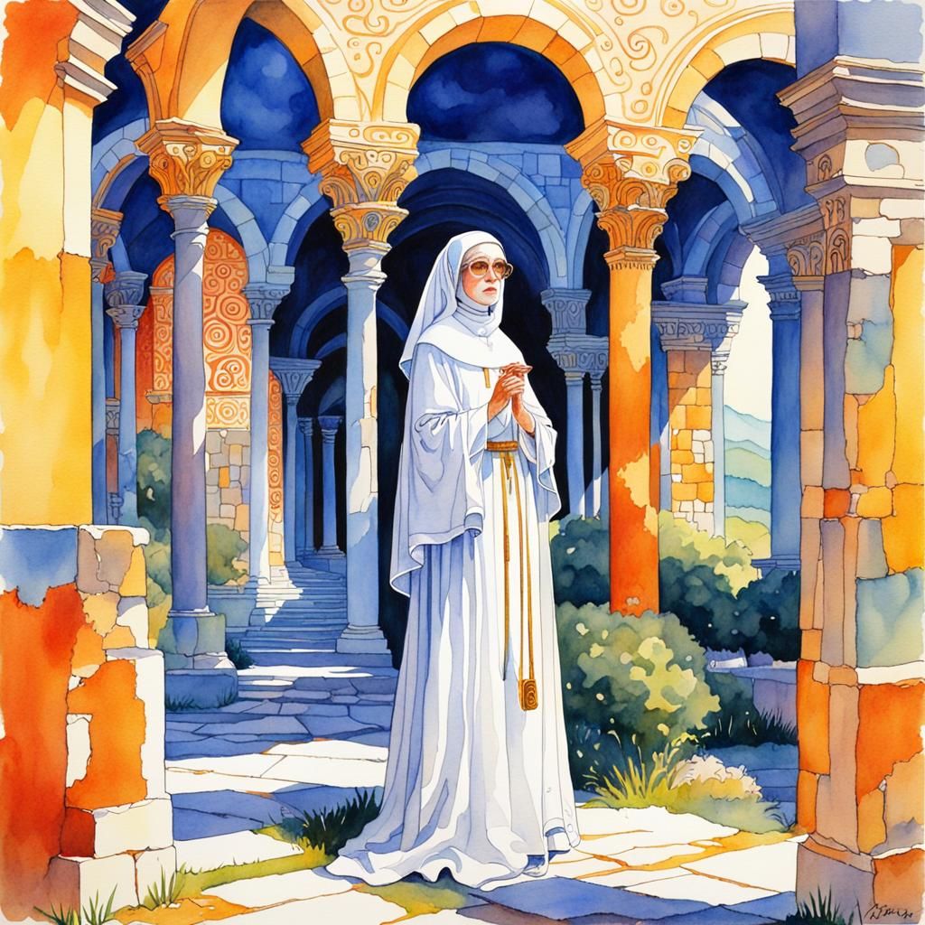 Nun Exploring Ancient Ruins in Watercolor Style