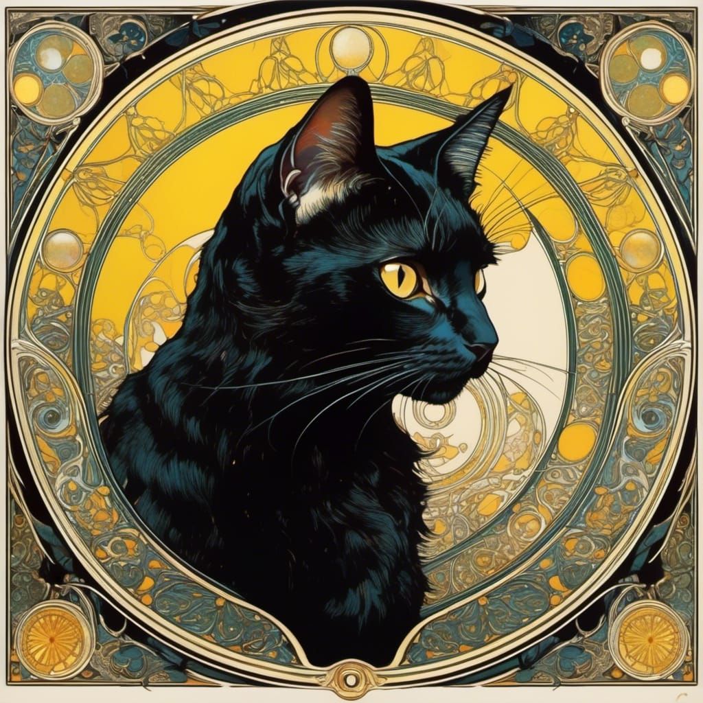 Art Nouveau Black Cat with Yellow Eyes