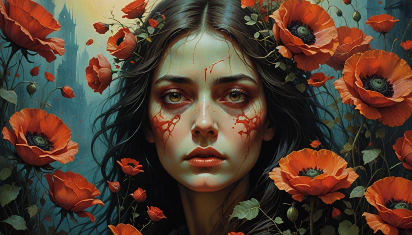 Woman's Face Obscured by Red Flowers, Digital Art