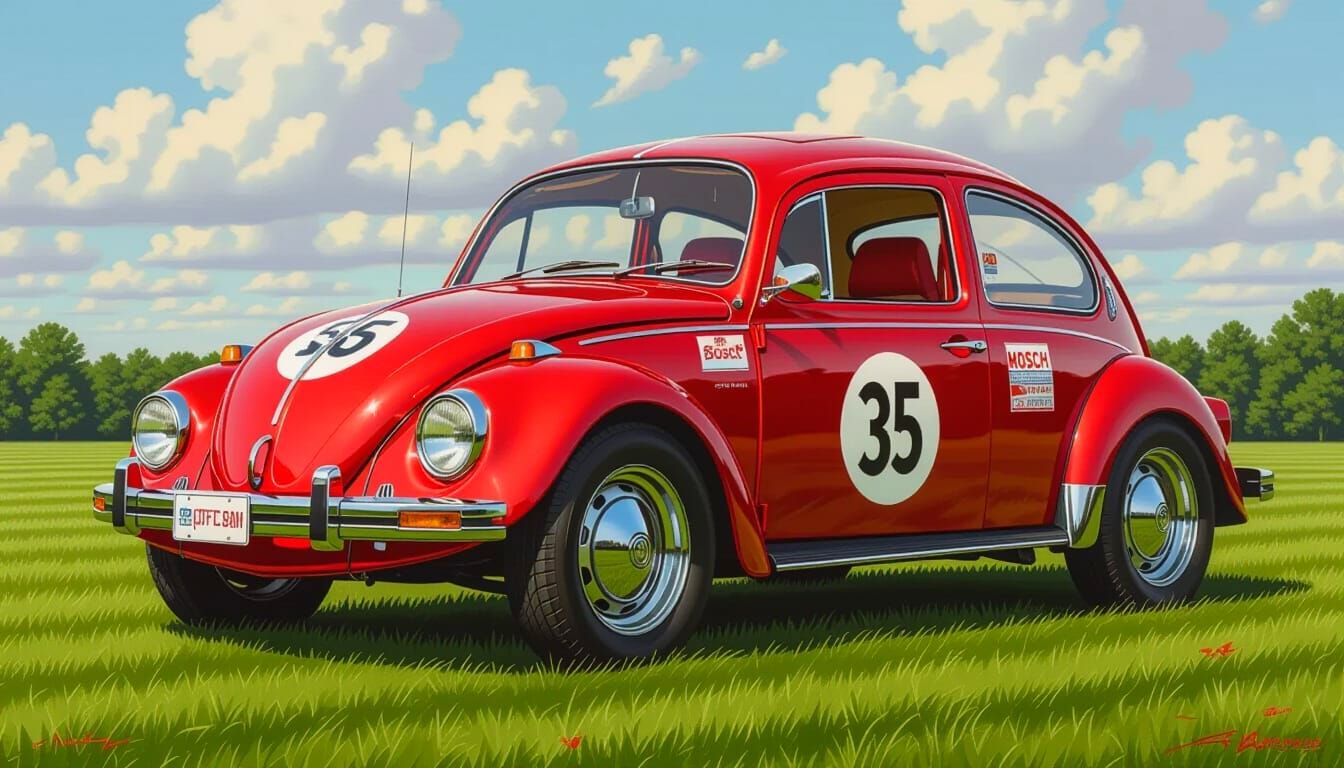 Hyperrealistic 1971 VW Beetle Rally Car with Sponsor Graphic...