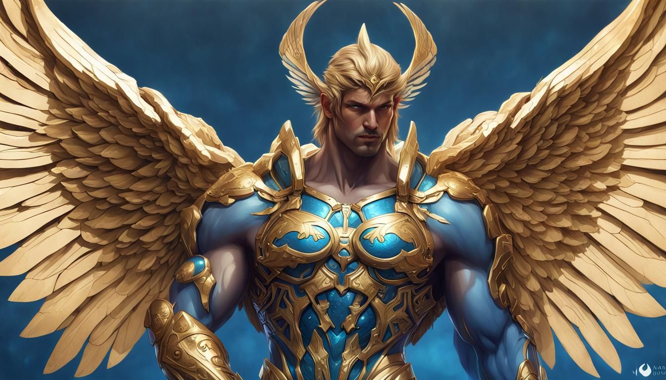 Angel in Blue Gold Armor: Hyperrealistic Illustration