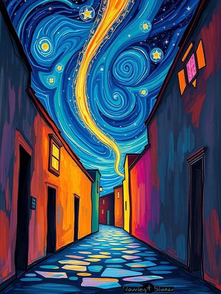 Dreamlike Alleyway Scene in Whimsical, Starry Night Style