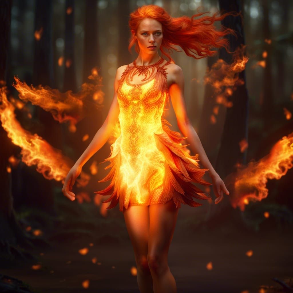 Fiery Fairy in Burning Forest, Hyperrealistic Style