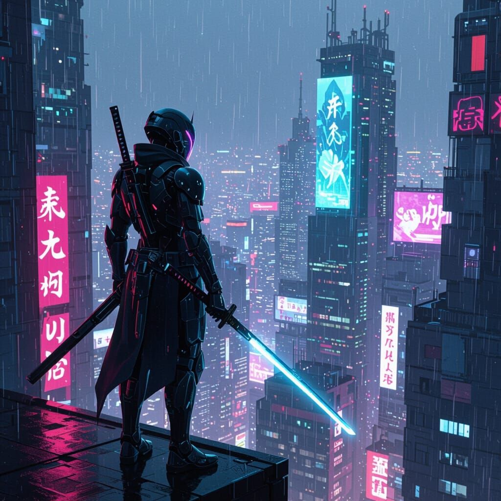 Cyberpunk Samurai Warrior Overlooking Neon Cityscape