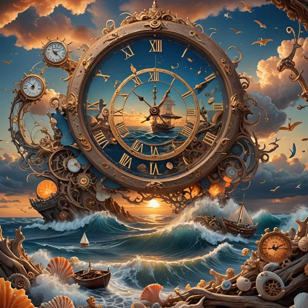 Ocean Clock in Sky, Fantastical Digital Painting