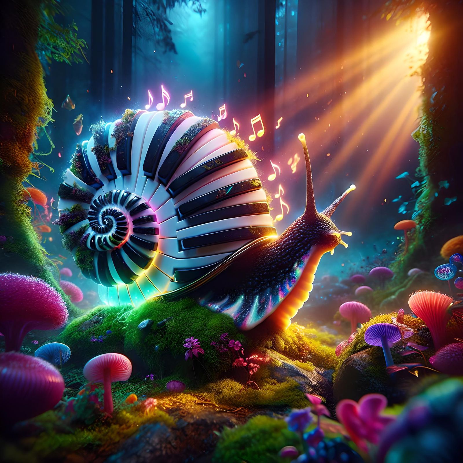 Piano Key Snail Emitting Glowing Music in Enchanted Forest