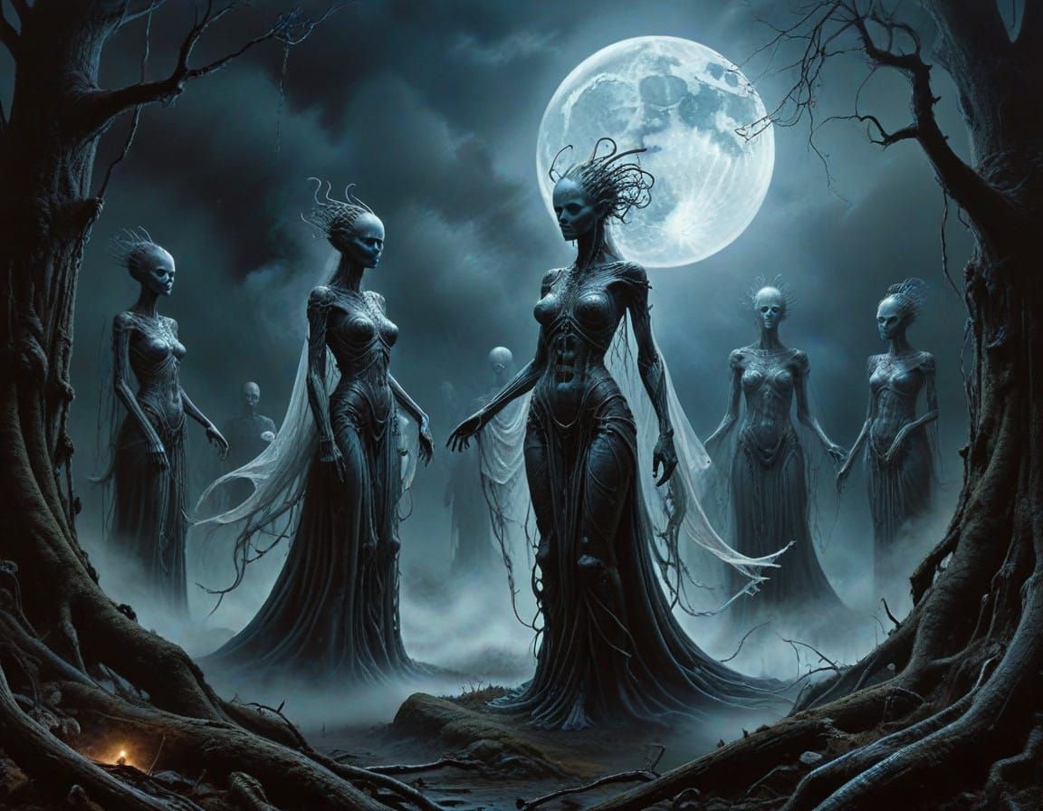 Lunar Maestro amidst Phantom Musicians in Ethereal Concert