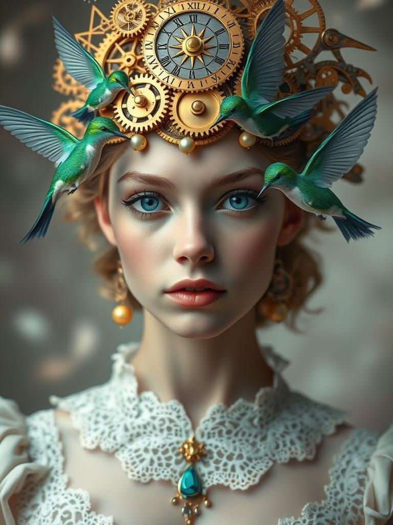 Surreal Steampunk Portrait with Clockwork and Hummingbirds