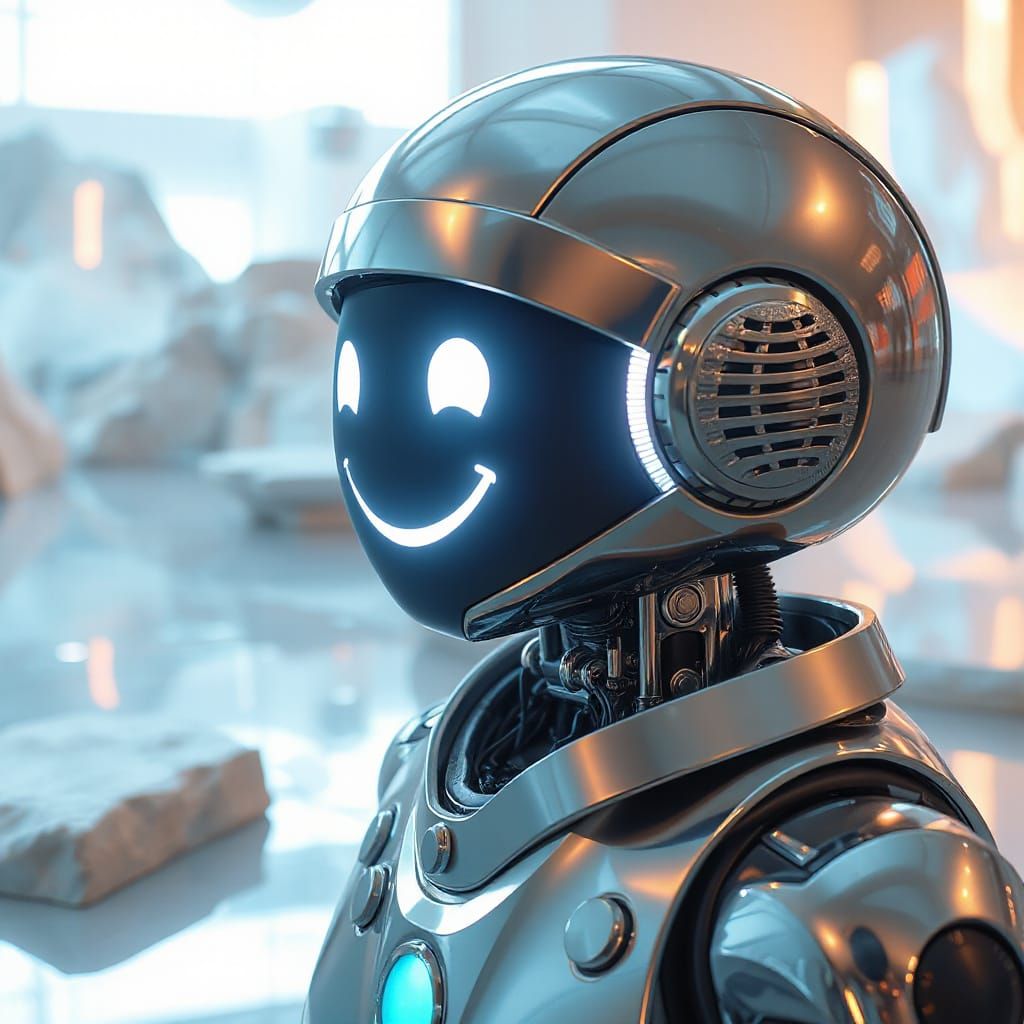 Serene Robot in Futuristic Landscape with Digital Face