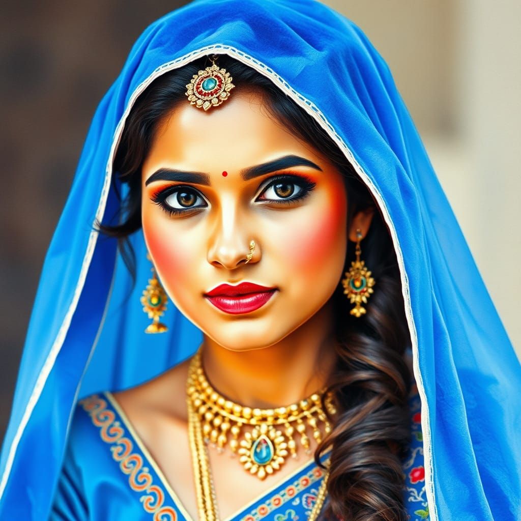 Bengali Bride in Blue: Watercolor Portrait