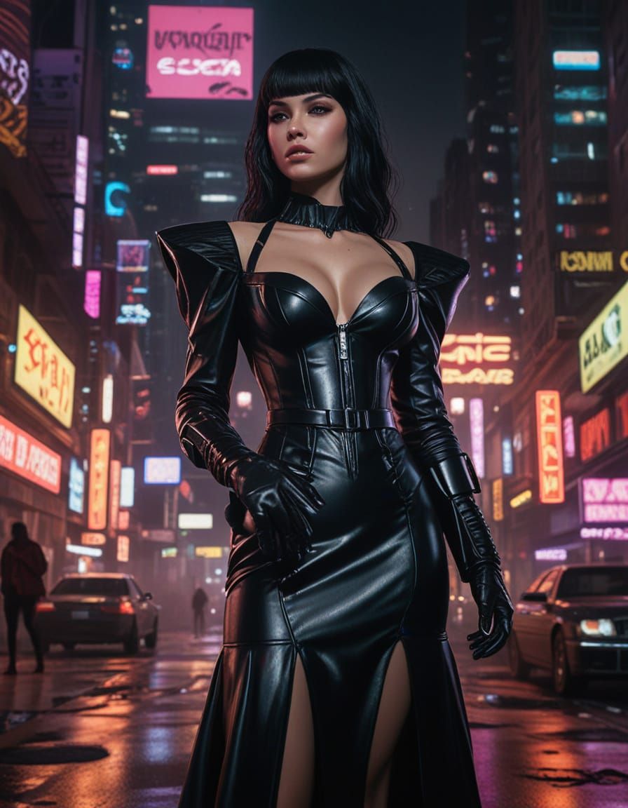 In this striking image, a sissy with long shining black hair...