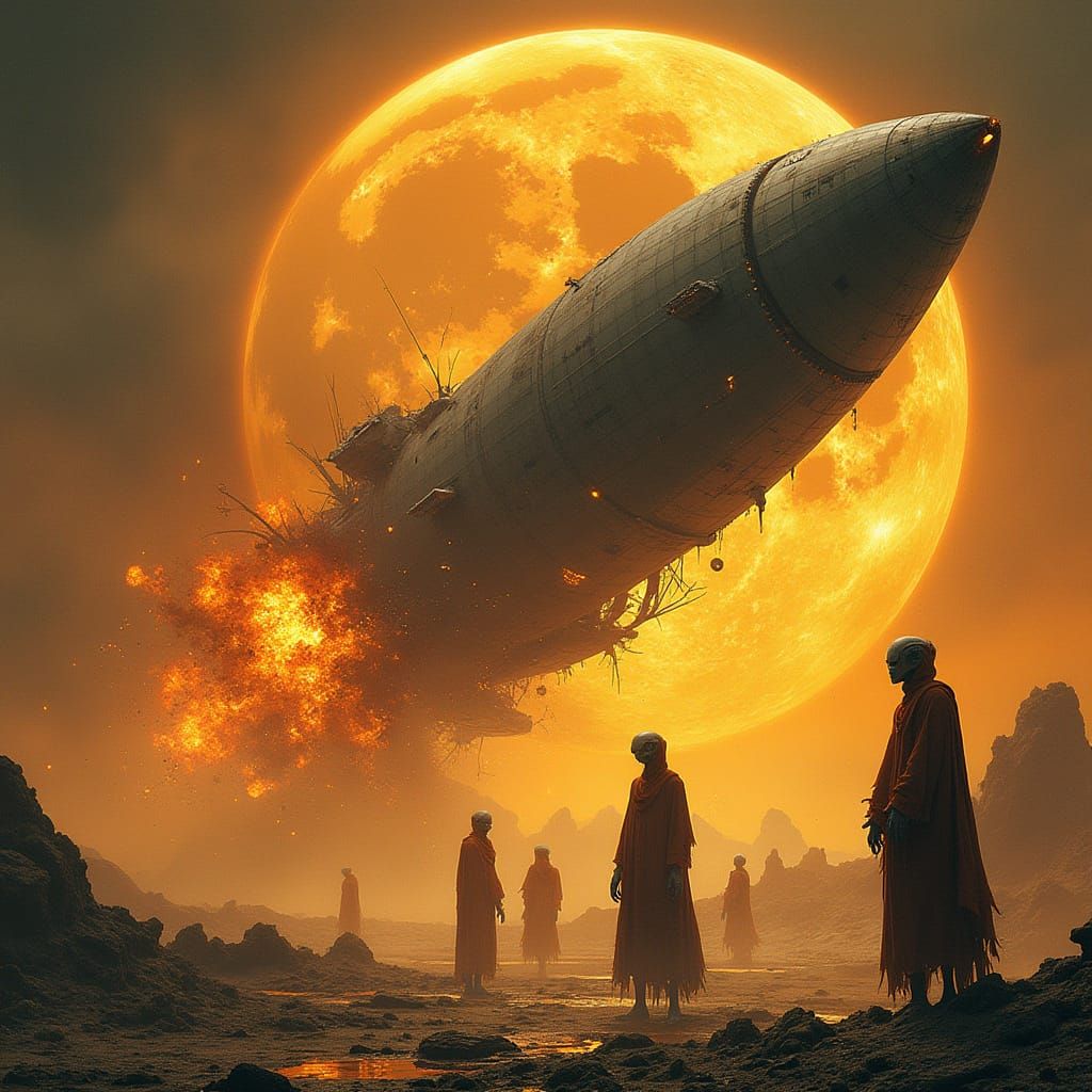 Cosmic Catastrophe: Moon Inferno with Smoldering Aliens