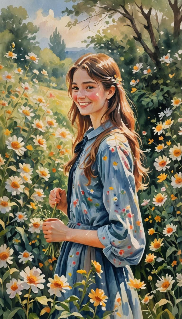 Smiling Girl in Impressionistic Floral Scene as Impasto Pain...